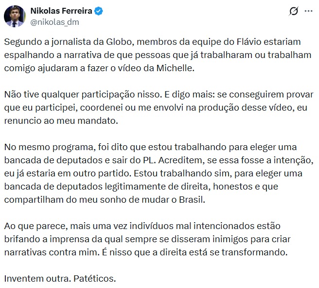 WhatsApp-Image-2026-07-07-at-16.59.05 Nikolas nega envolvimento em vídeo de Michelle, desafia adversários e critica ataques na direita: "Inventem outra. Patéticos"
